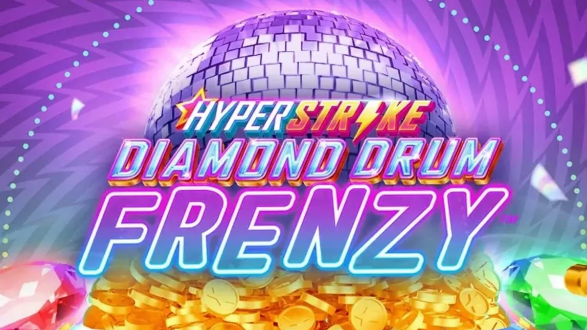Tampilan visual slot Hyper Strike Diamond Drum Frenzy dengan nuansa neon dan drum emas.